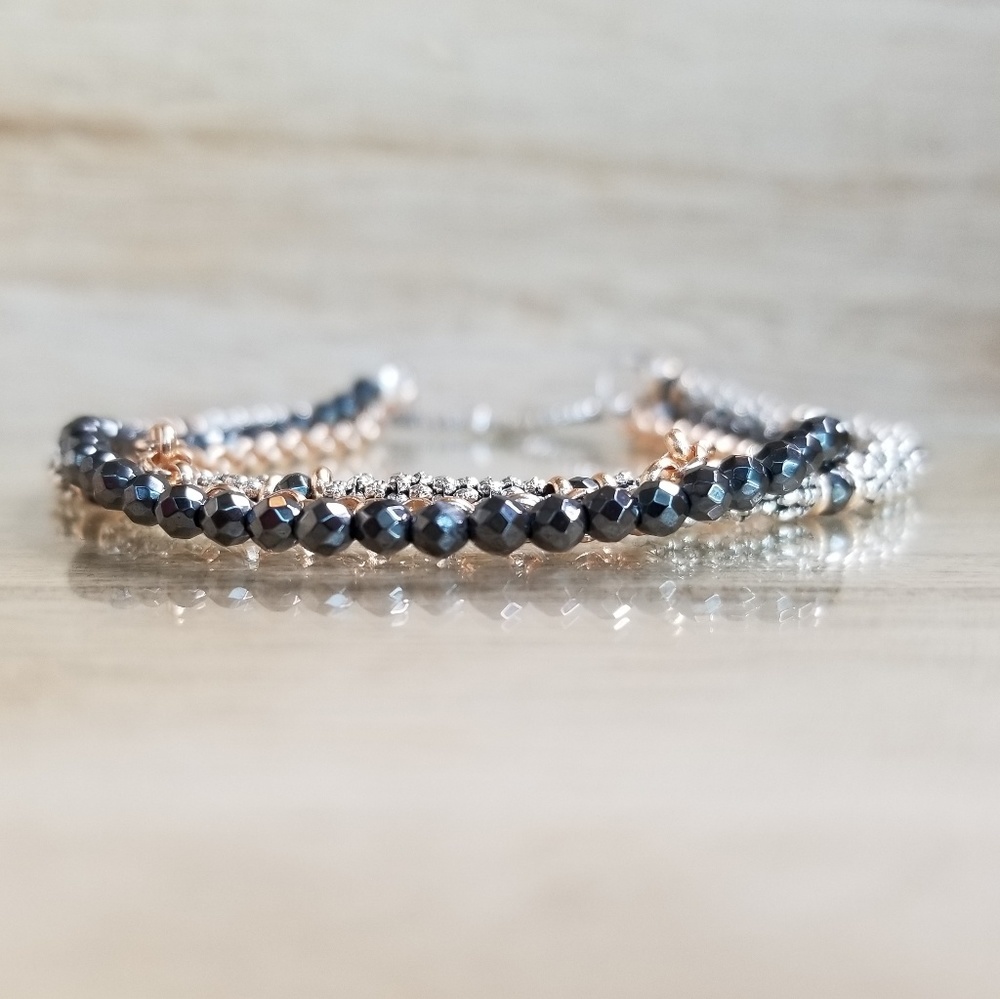 Three Row Beaded Hematite Bracelet on Toggle - Picture 6 of 8